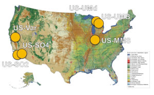 US continental map showing AmeriFlux site locations for the 2017 Tech Team site visits