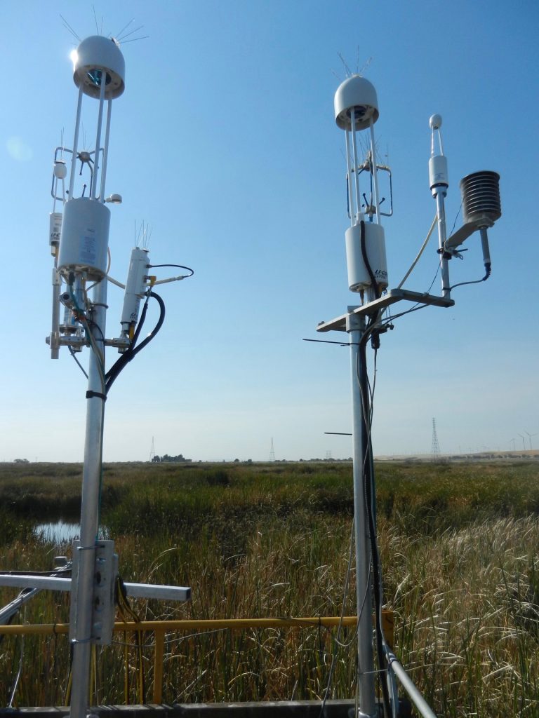 Methane and carbon dioxide flux sensors at Mayberry Island, Delta, California. This is a marsh restoration project, which prior to restoration was agriculture land. Photo cr. J. Verfaille