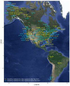 As of March 2021, 102 sites are registered in the AmeriFlux Network and collecting methane flux data. Sites labeled in blue were added to the network after we launched the Theme Year of Methane.